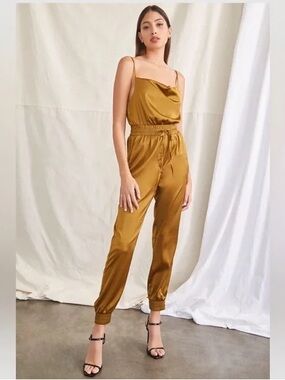 Forever 21 Satin Drawstring Cami Jumpsuit Bronze - Size M - NWT